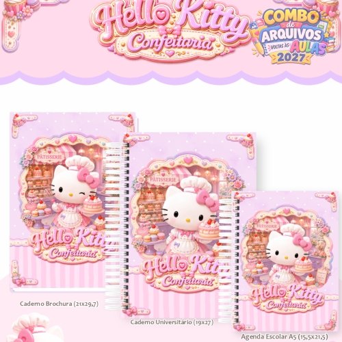 07 - kit digital para encadernação volta as aulas 2027 - Tema HELLO KITTY