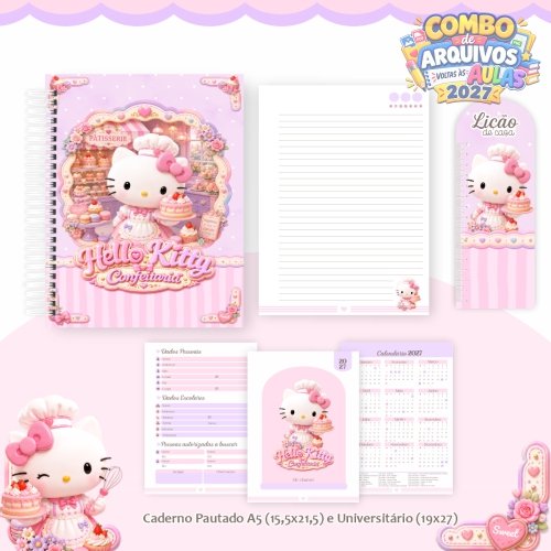 08 - kit digital para encadernação volta as aulas 2027 - Tema HELLO KITTY