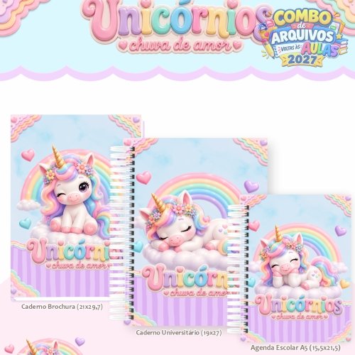 10 - kit digital para encadernação volta as aulas 2027 - Tema UNICORNIO