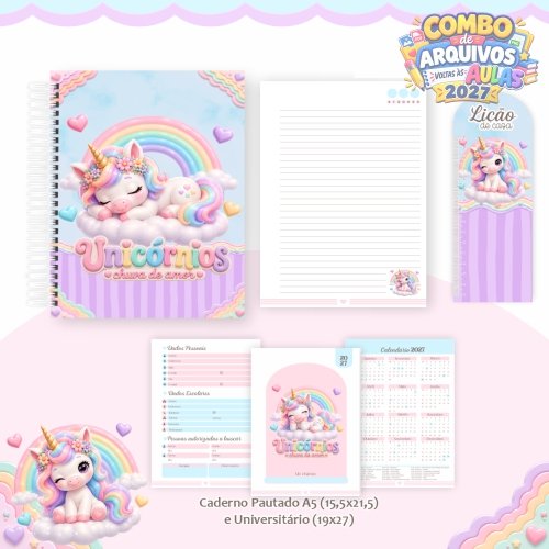 11 - kit digital para encadernação volta as aulas 2027 - Tema UNICORNIO