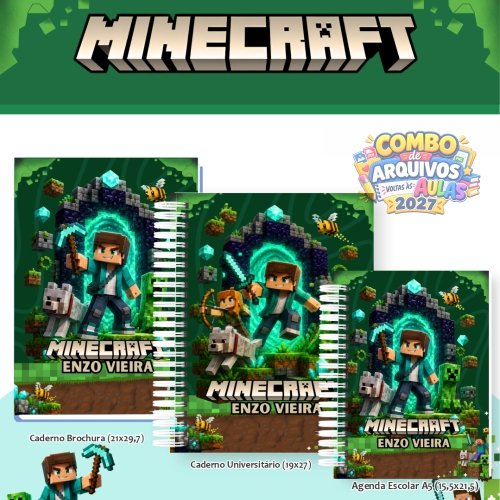 30 - kit digital para encadernação volta as aulas 2027 - Tema super minecreft