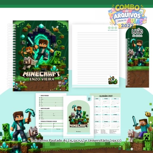 31 - kit digital para encadernação volta as aulas 2027 - Tema super minecreft
