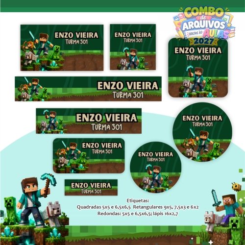 32 - kit digital para encadernação volta as aulas 2027 - Tema super minecreft